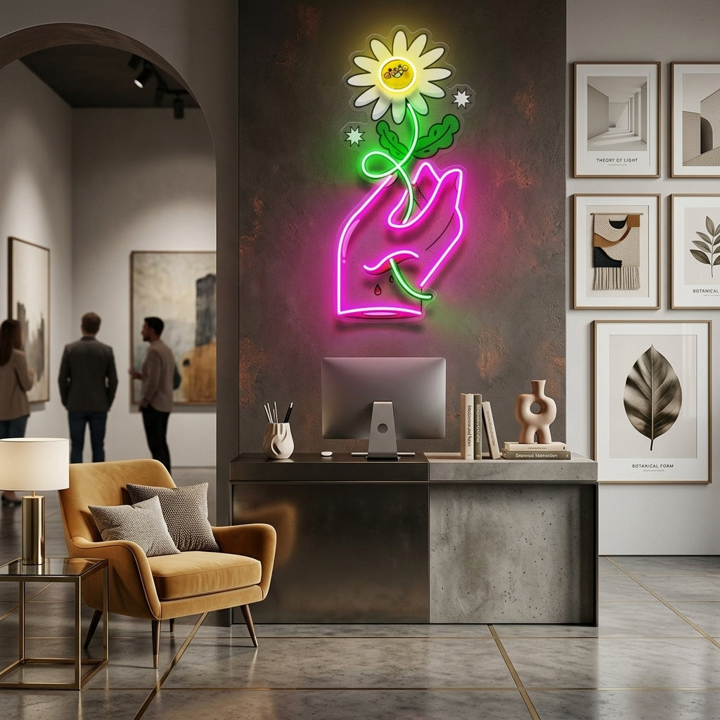 Hand Holding Flower LED Neon Sign Light Pop Art