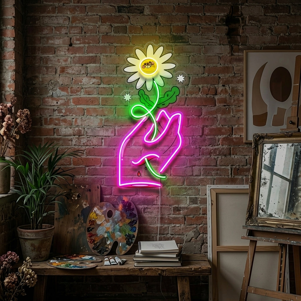 Hand Holding Flower LED Neon Sign Light Pop Art