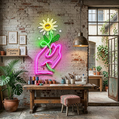 Hand Holding Flower LED Neon Sign Light Pop Art