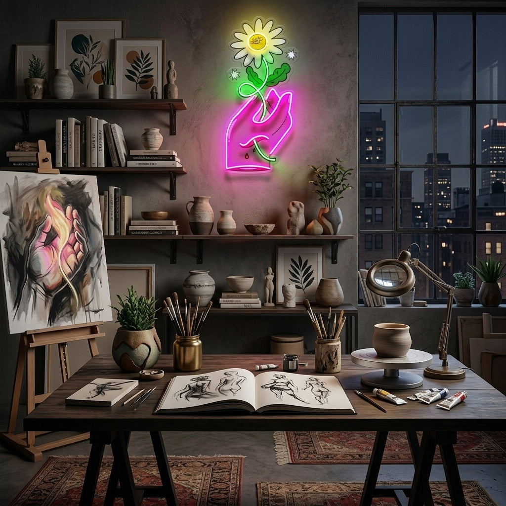 Hand Holding Flower LED Neon Sign Light Pop Art