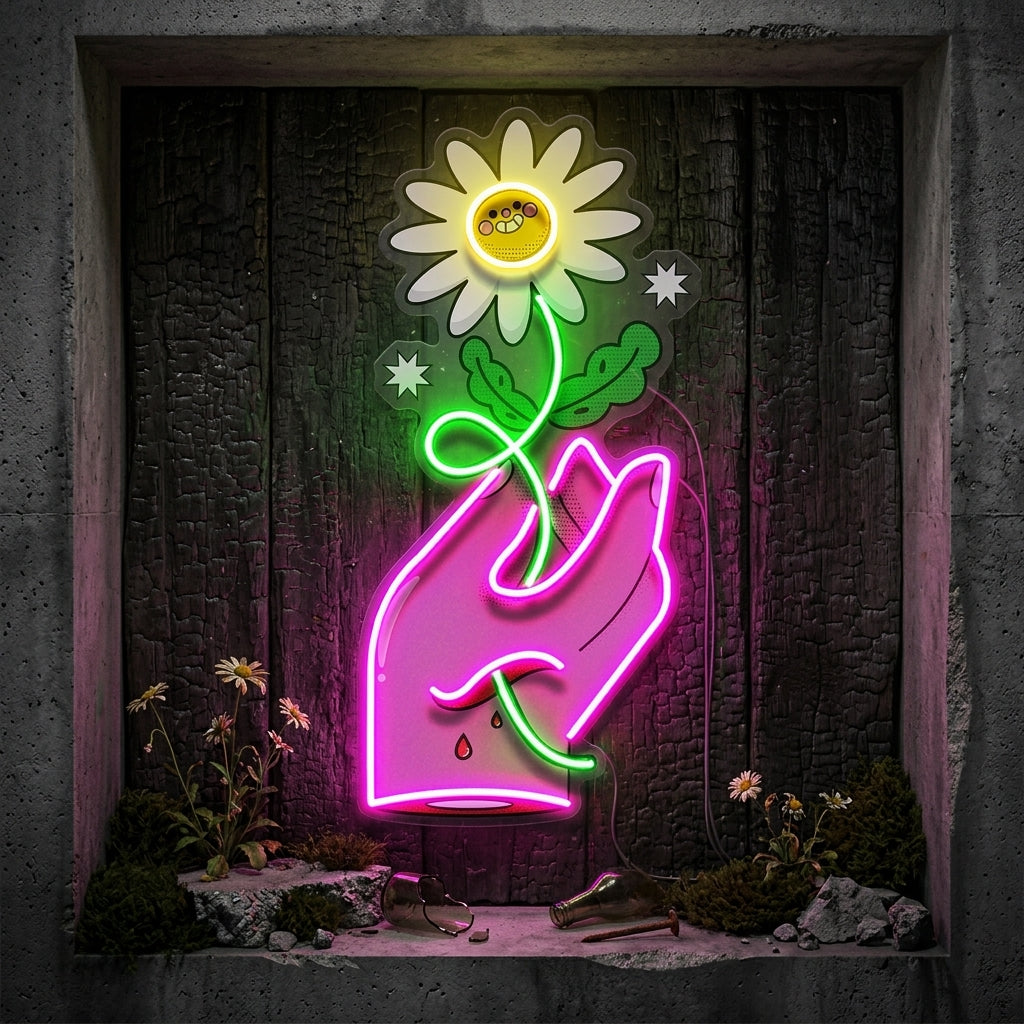 Hand Holding Flower LED Neon Sign Light Pop Art