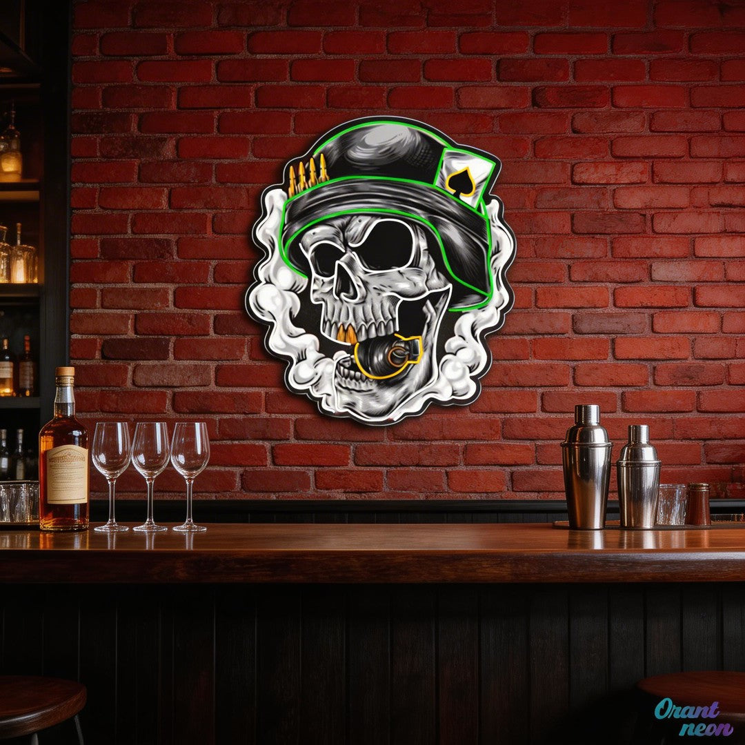 Cool Skull Wearing Helmet With Smoke and Bomb Neon Sign Light Artwork
