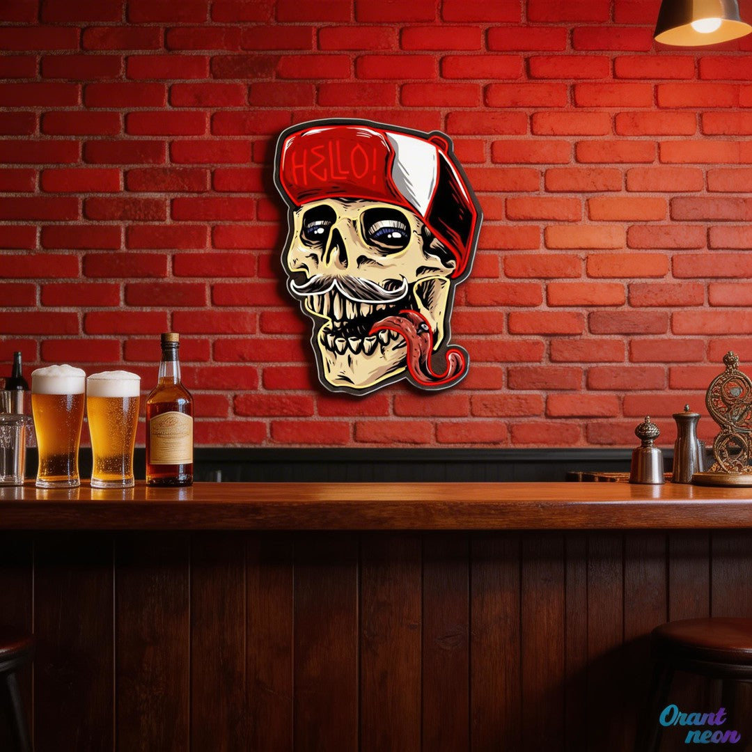Skull Wearing Hello Hat Neon Sign Light Artwork