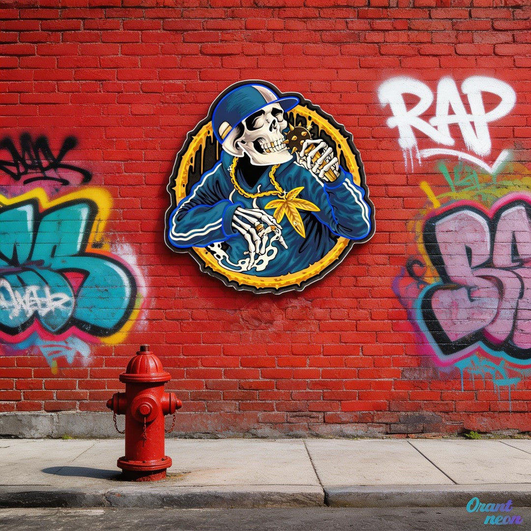 Smoking Weed Skull Rapper With Spiky Mic Neon Sign Light Artwork