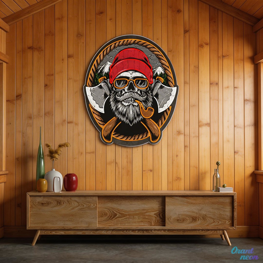 Beard Woodman Skull With Axe Neon Sign Light Artwork