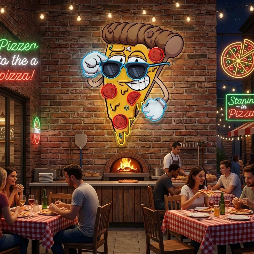 Cute Slice Of Cartoon Pizza Artwork Led Neon Sign Light