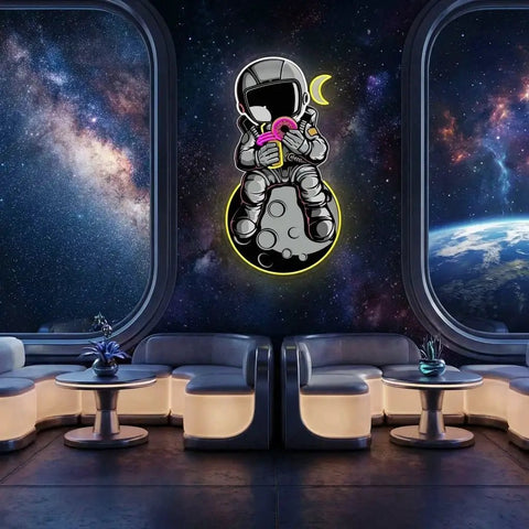 Astronaut With Donut And Coffee On Moon Artwork Led Neon Sign Light