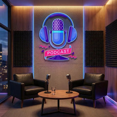 Custom Podcast LED Neon Sign artwork with Microphone and Headphones