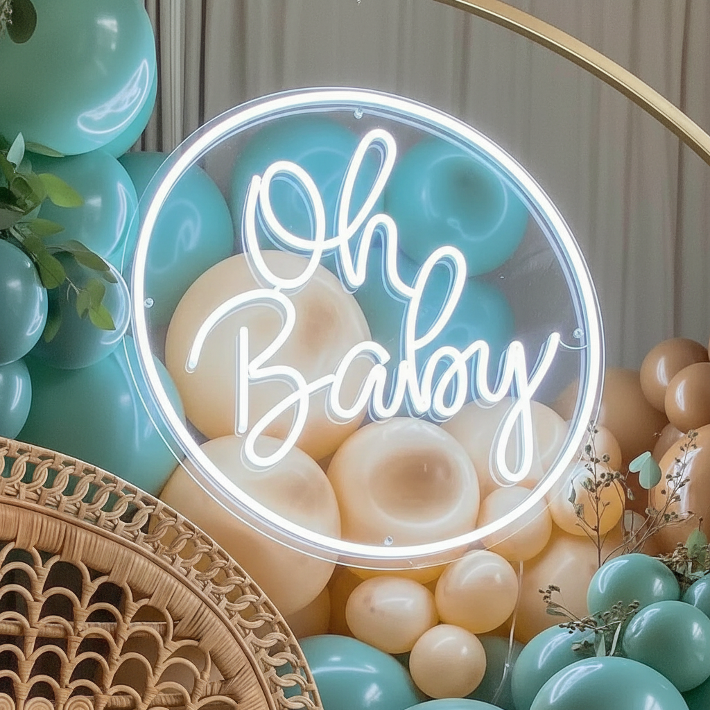 Round Oh Baby Neon Sign for Baby Shower Birthday Party Decor