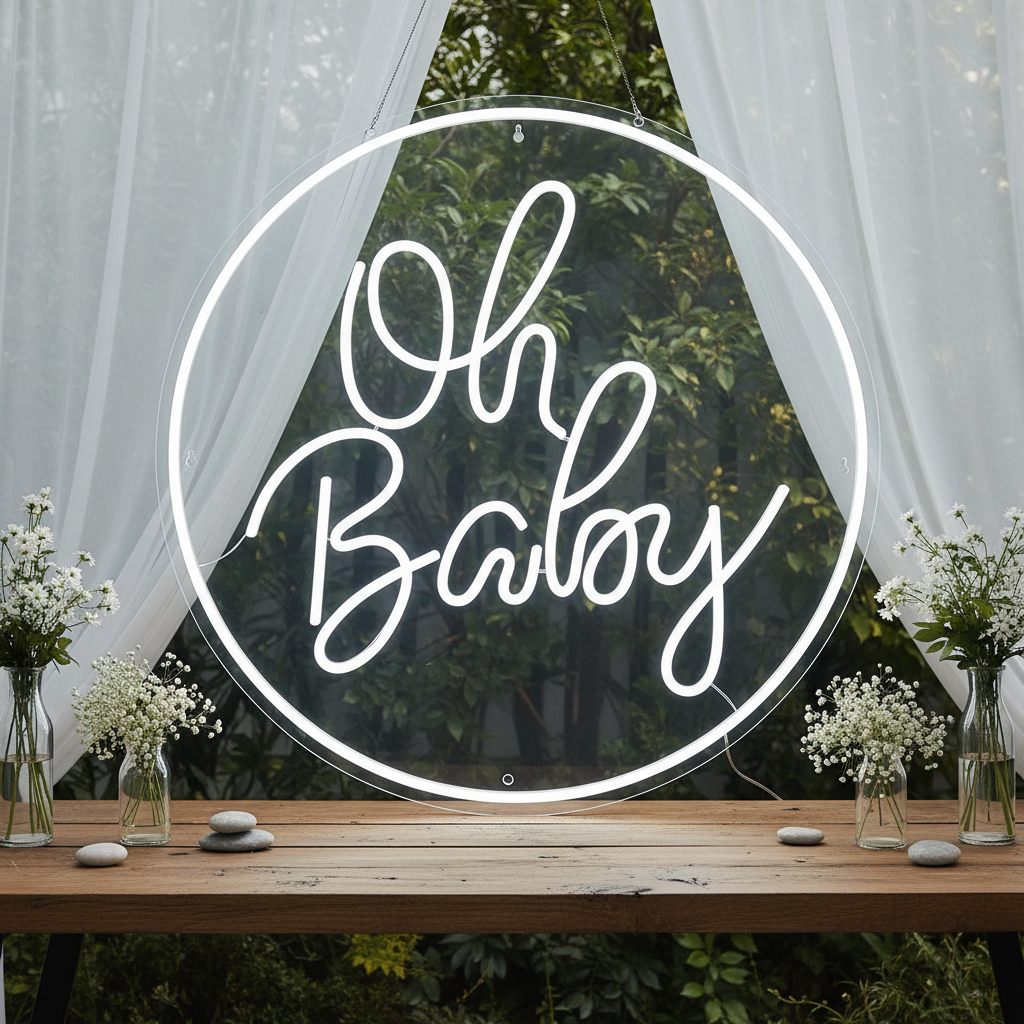 Round Oh Baby Neon Sign for Baby Shower Birthday Party Decor