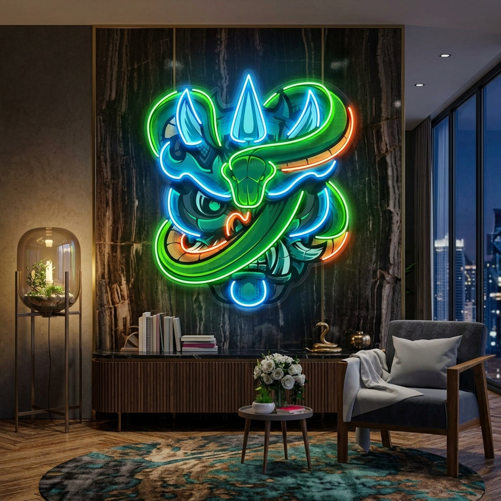 Oni Head And Green Snake LED Neon Sign Light Pop Art