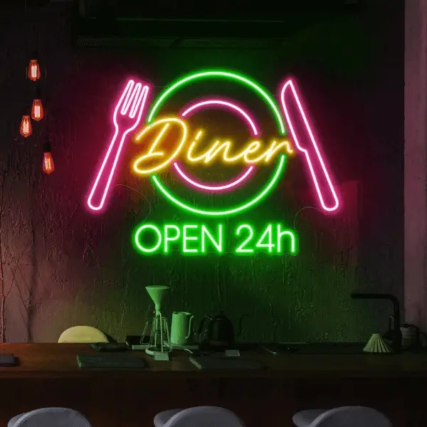 Restaurant Neon Sign Dinner 24h Open Neon Sign