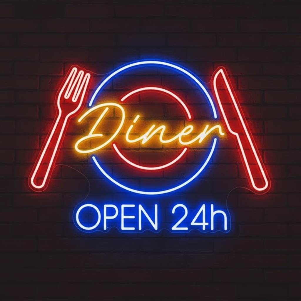 Restaurant Neon Sign Dinner 24h Open Neon Sign