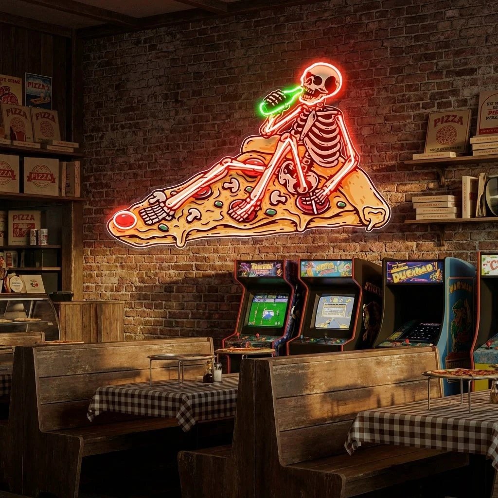 Pop Art Skull Drunk On Pizza Artwork Led Neon Sign Light