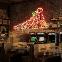 Pop Art Skull Drunk On Pizza Artwork Led Neon Sign Light