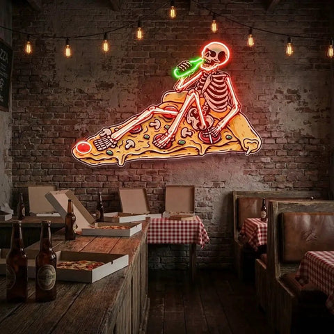 Pop Art Skull Drunk On Pizza Artwork Led Neon Sign Light