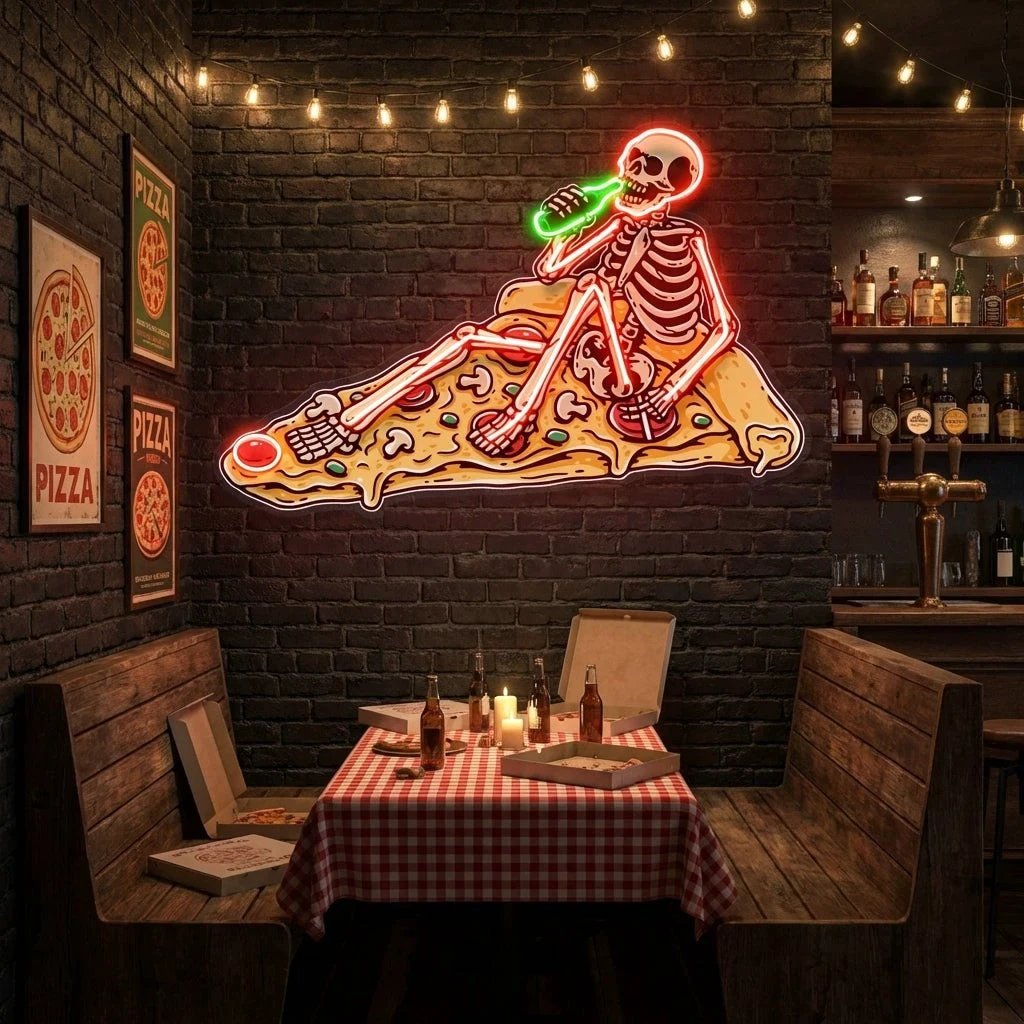 Pop Art Skull Drunk On Pizza Artwork Led Neon Sign Light