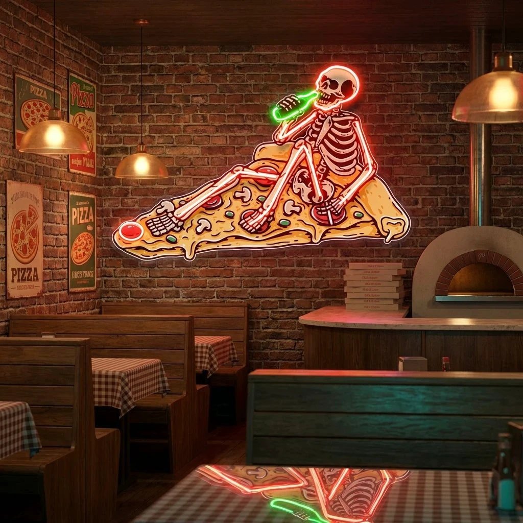 Pop Art Skull Drunk On Pizza Artwork Led Neon Sign Light
