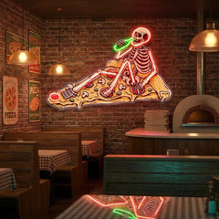 Pop Art Skull Drunk On Pizza Artwork Led Neon Sign Light