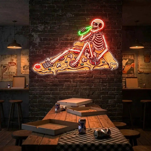 Pop Art Skull Drunk On Pizza Artwork Led Neon Sign Light