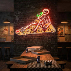 Pop Art Skull Drunk On Pizza Artwork Led Neon Sign Light