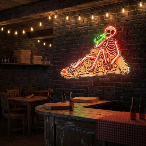 Pop Art Skull Drunk On Pizza Artwork Led Neon Sign Light