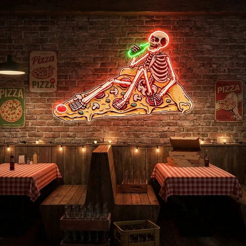 Pop Art Skull Drunk On Pizza Artwork Led Neon Sign Light