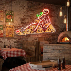Pop Art Skull Drunk On Pizza Artwork Led Neon Sign Light
