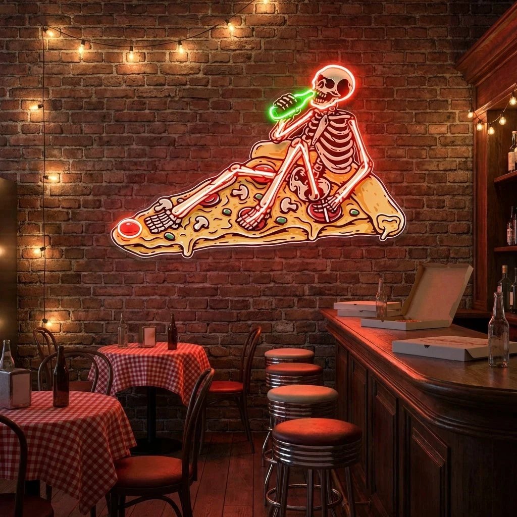 Pop Art Skull Drunk On Pizza Artwork Led Neon Sign Light