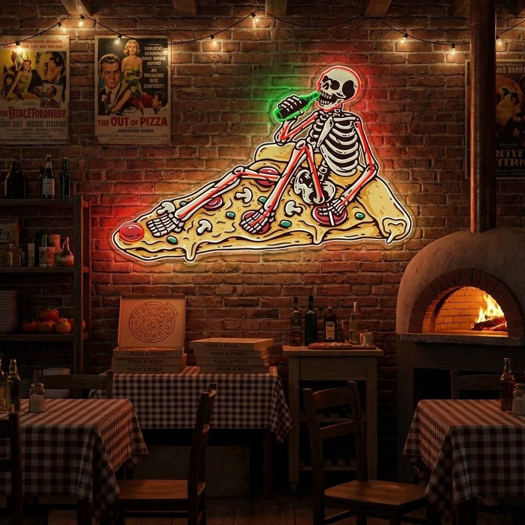Pop Art Skull Drunk On Pizza Artwork Led Neon Sign Light