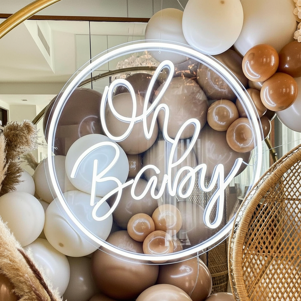 Round Oh Baby Neon Sign for Baby Shower Birthday Party Decor