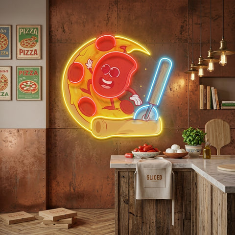 Salami Surfing a Pizza Wave LED Neon Sign Light Pop Art