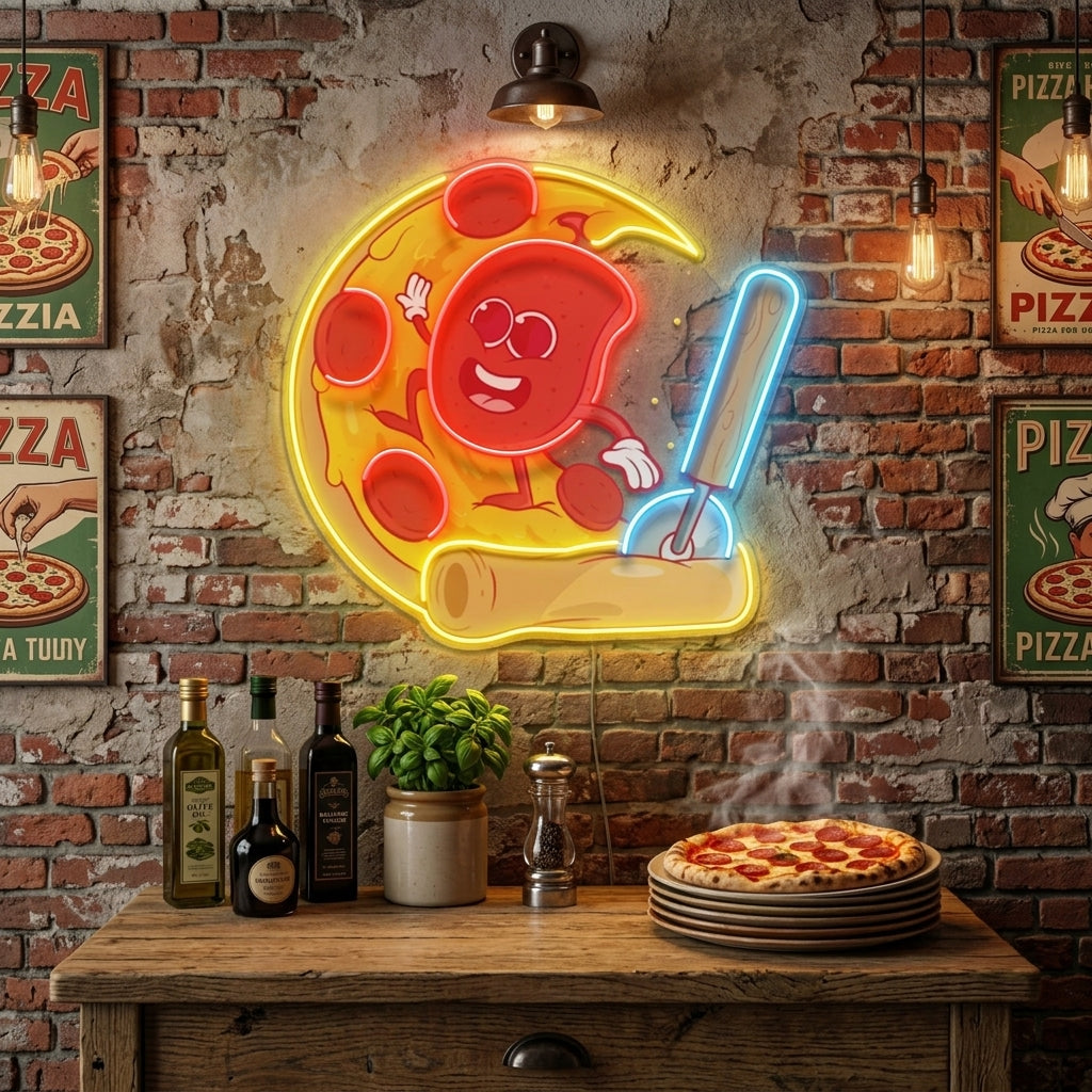 Salami Surfing a Pizza Wave LED Neon Sign Light Pop Art