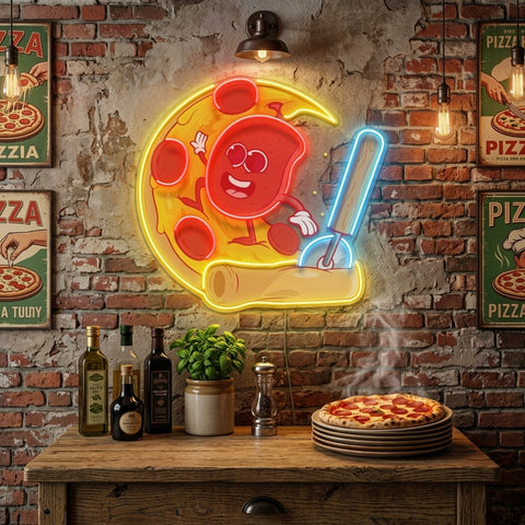 Salami Surfing a Pizza Wave LED Neon Sign Light Pop Art