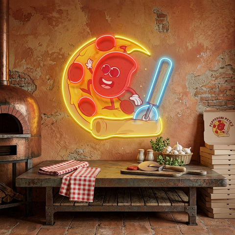 Salami Surfing a Pizza Wave LED Neon Sign Light Pop Art
