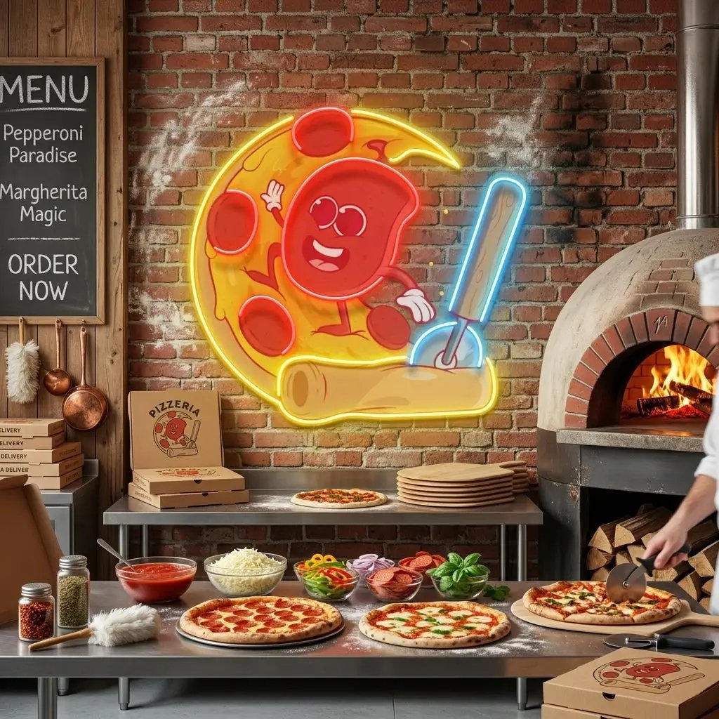 Salami Surfing a Pizza Wave LED Neon Sign Light Pop Art
