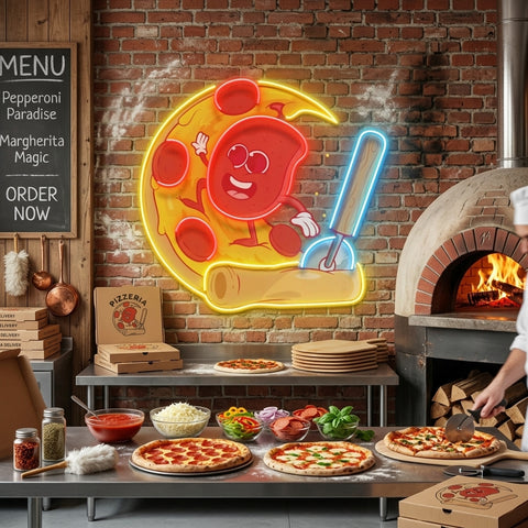 Salami Surfing a Pizza Wave LED Neon Sign Light Pop Art