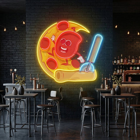 Salami Surfing a Pizza Wave LED Neon Sign Light Pop Art