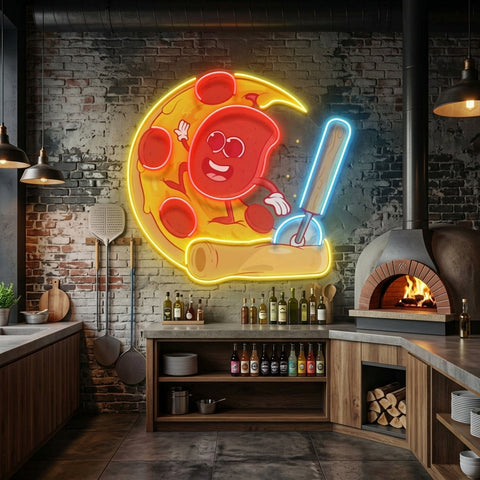 Salami Surfing a Pizza Wave LED Neon Sign Light Pop Art
