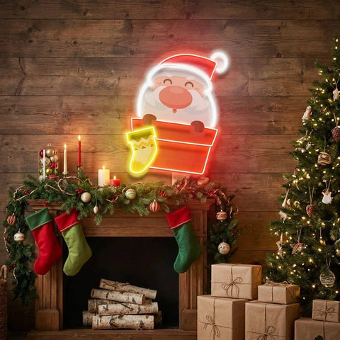 Santa With Sock Art Work Led Neon Sign Light