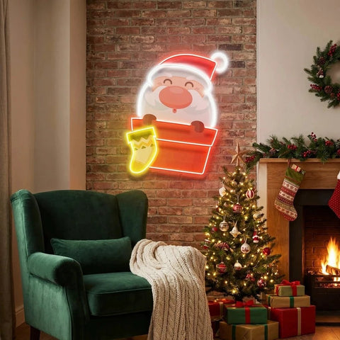 Santa With Sock Art Work Led Neon Sign Light
