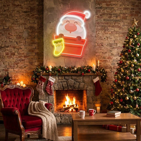 Santa With Sock Art Work Led Neon Sign Light