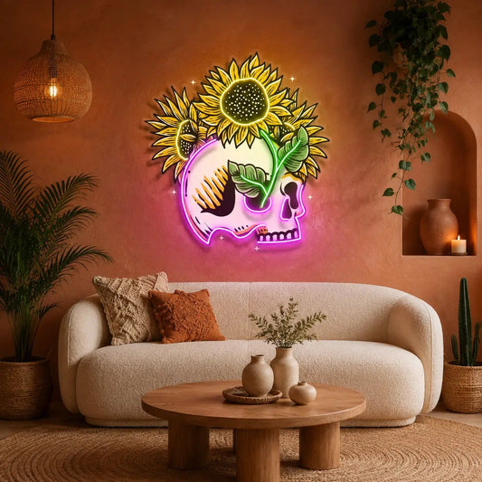 Skull Sun Flowers LED Neon Sign Light Pop Art