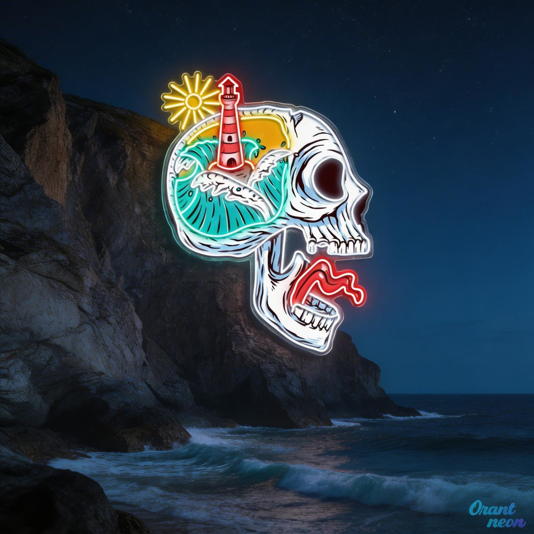 Beacon of the Damned: Skull & Lighthouse Neon Sign Light Artwork
