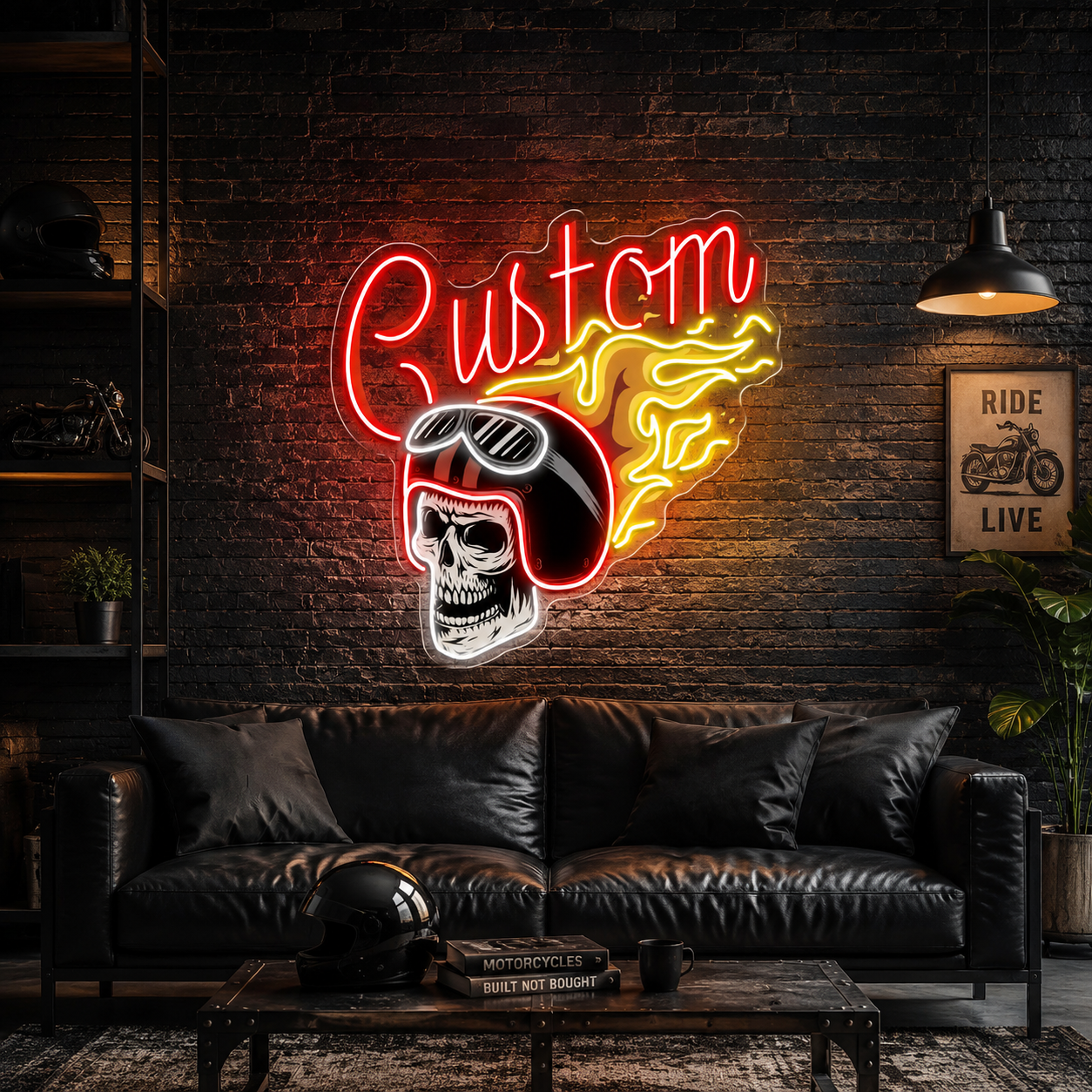 Warrior’s Glow: Skull & Helmet Neon Sign Light Artwork