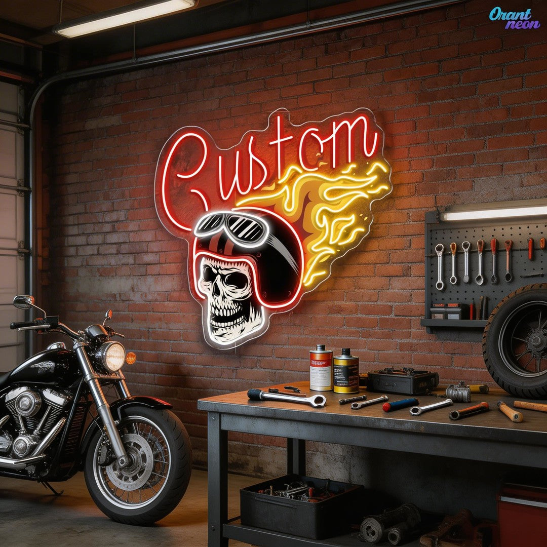 Warrior’s Glow: Skull & Helmet Neon Sign Light Artwork