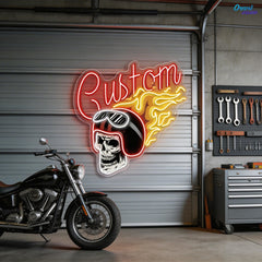 Warrior’s Glow: Skull & Helmet Neon Sign Light Artwork