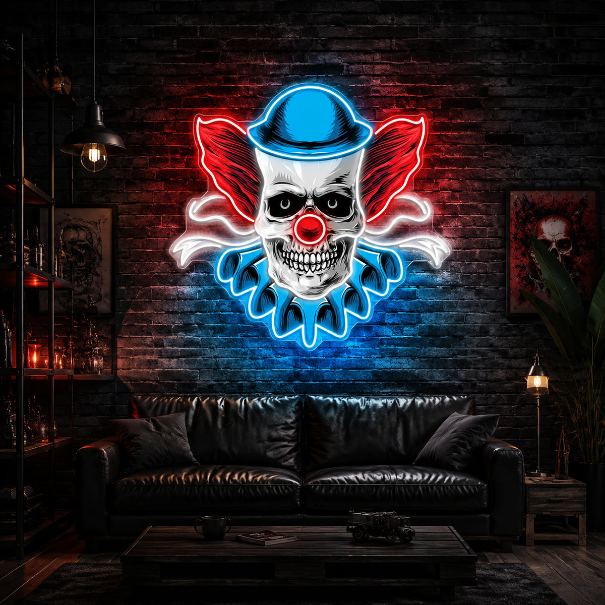 Twisted Laughter: Neon Skull & Clown Neon Sign Light Artwork