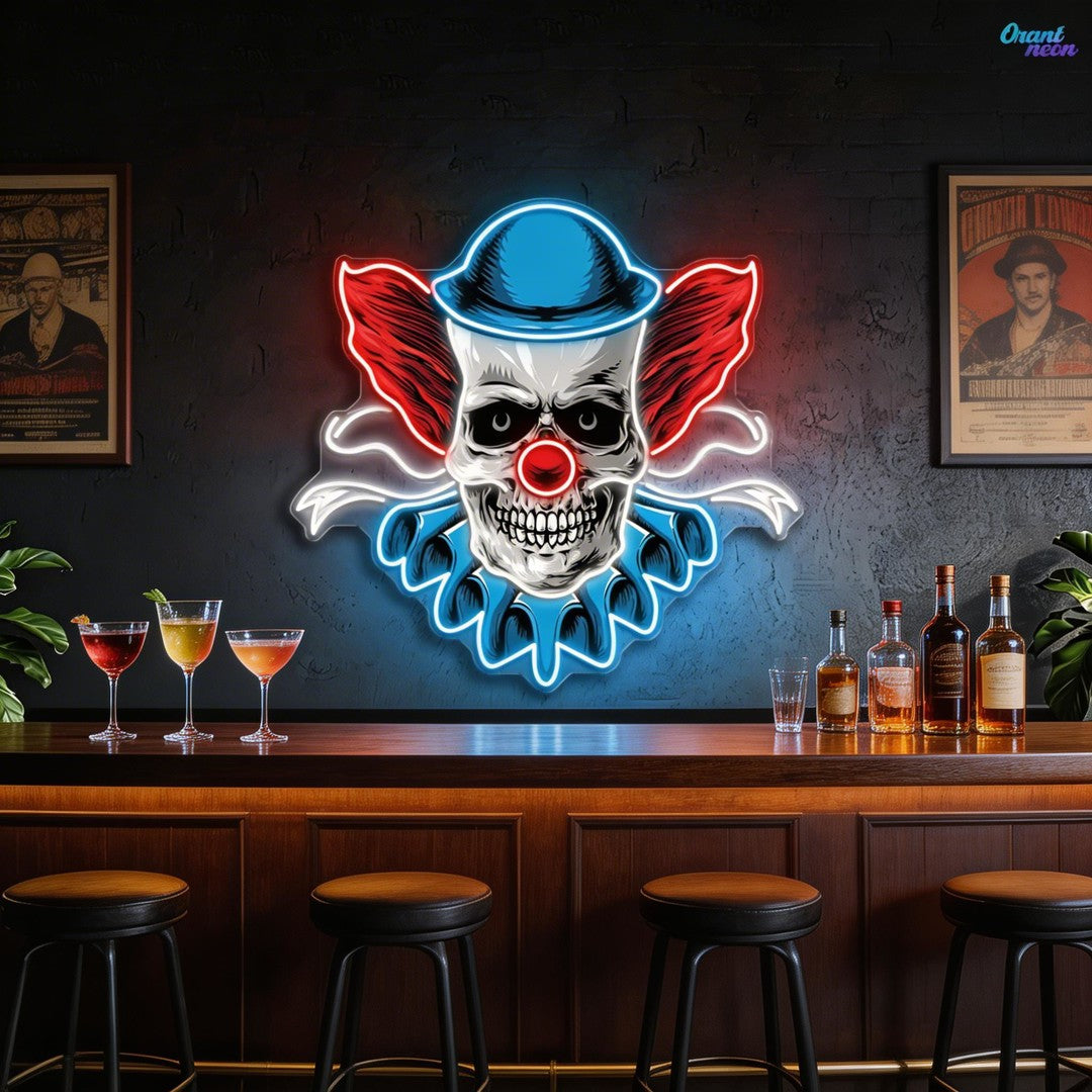 Twisted Laughter: Neon Skull & Clown Neon Sign Light Artwork