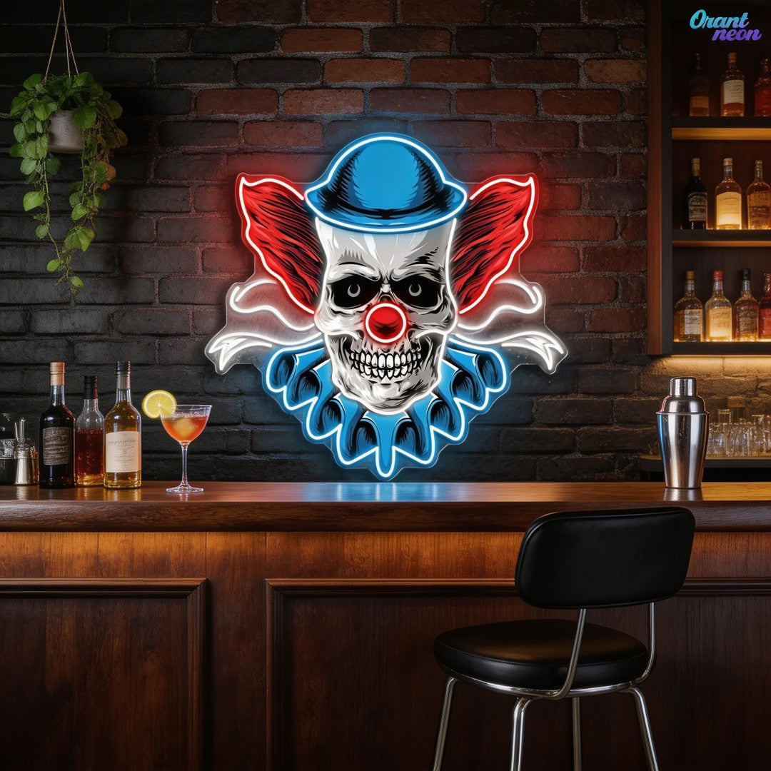 Twisted Laughter: Neon Skull & Clown Neon Sign Light Artwork